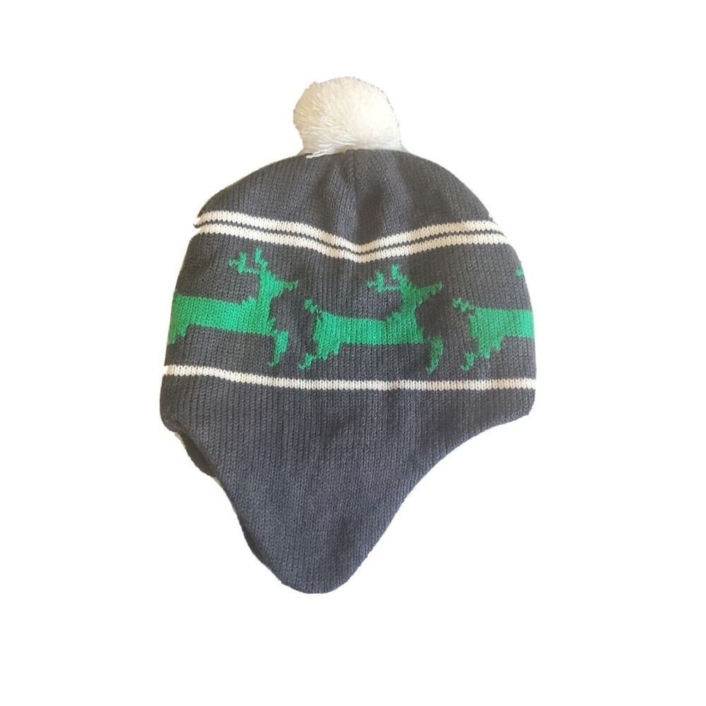 Youth Knit Beanie W/ Ear Flaps & Pompom Fairisle Print Gray & Green Unisex OSFM